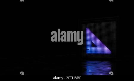 3d-Rendering-Lichtwand mit blau violetten Punkten in Form von Symbol des Dreieckslineals auf schwarzem Hintergrund mit nassem Boden Reflexion Stockfoto