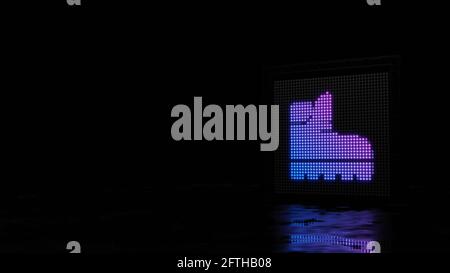 3d-Rendering-Lichtwand mit blau violetten Punkten in Form von Symbol für Arbeitsschuhe aus Profil auf schwarzem Hintergrund mit Reflektion des nassen Bodens Stockfoto