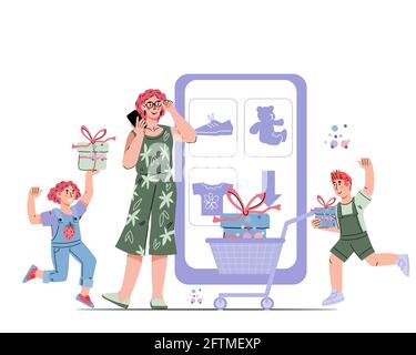 Mutter und Kinder online einkaufen, Cartoon-Vektor-Illustration isoliert auf weißem Hintergrund. Die Familie kauft Waren in einem Online-Shop. Verkauf von Kindern g Stock Vektor