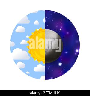 Tag und Nacht mit Sonne, Himmel, Wolken, Mond und Sternen im Kreis isoliert auf Weiß Stock Vektor