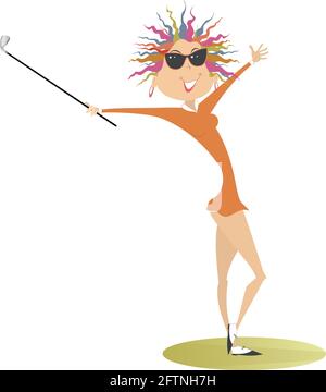 Junge Golfspielerin auf der Abbildung des Golfplatzes. Cartoon lächelnde Golferin Frau in Sonnenbrille hält einen Golfclub isoliert auf weiß Stock Vektor