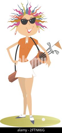 Junge Frau eine Golferin auf dem Golfplatz Illustration. Cartoon-Golferin Frau in Sonnenbrille mit einer Golftasche auf der Schulter isoliert auf weiß Stock Vektor