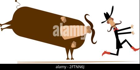 Illustration zu Landwirt oder Cowboy und wütenden Stiern. Verängstigter Bauer oder Cowboy läuft weg von dem wütenden Stier, der auf Weiß isoliert ist Stock Vektor