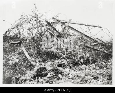 Erster Weltkrieg, 1. Weltkrieg, Westfront - deutscher Stacheldraht, den die Artillerie auflösen muss, bevor die Infanterie vorrücken kann, Beaucourt-sur-l'Lancre, Somme-Abteilung, Hauts-de-France, Frankreich Stockfoto