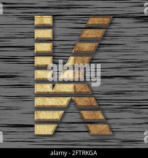 Quadratische Grafik mit dem Großbuchstaben K, die von Holz skizziert ist Teile als Großbuchstaben Stockfoto