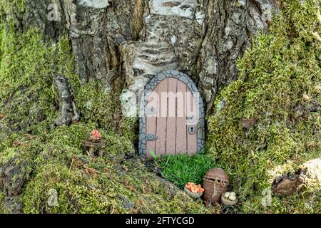 Kleine Märchentür aus Lehm in einem Baumstamm mit anderen Miniatur-Handwerk. Stockfoto