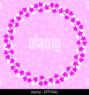 Farbenfrohe Blumenkränze. Zarter Kranz aus Sakura-Zweigen. Blumen blühen von Hand gezeichnet, Kreisrahmen aus Fuchsia und weißen Farben Blumen auf rosa Rücken Stockfoto