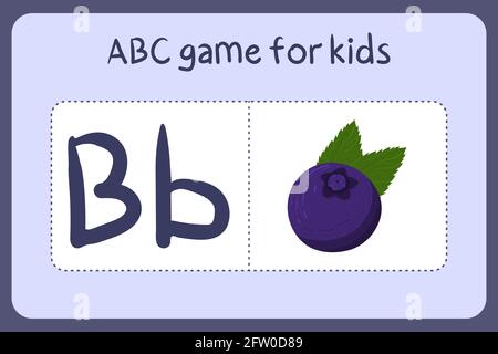 Kind Alphabet Mini-Spiele im Cartoon-Stil mit Buchstabe B - Heidelbeere. Vektor-Illustration für Spiel-Design - Schneiden und spielen. Lerne abc mit Flash-Karten für Obst und Gemüse. Stock Vektor