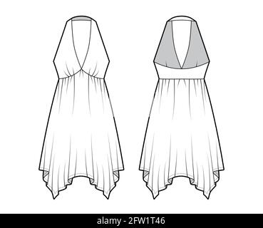 Kleid Taschentuch Saum Chemise technische Mode Illustration mit ärmellosen, Empire-Naht Nahtausschnitt, kreisförmigen Rock. Flatwear vorne, hinten, in weißer Farbgebung. Frauen, Männer Unisex-CAD-Modell Stock Vektor