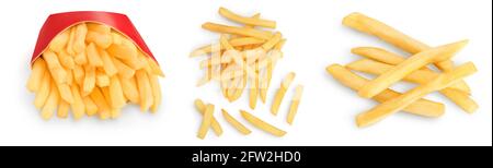 Pommes Frites oder Bratkartoffeln isoliert auf weißem Hintergrund. Set oder Collection Stockfoto