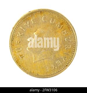 Rückseite der 1000-Lira-Münze, Türkei-Geld isoliert auf einem weißen Hintergrundfoto Stockfoto