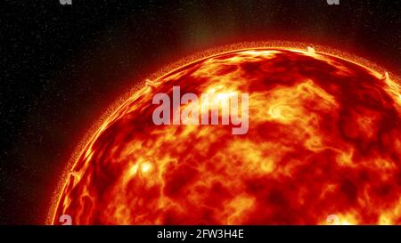 Rote riesige brennende Sonne im Weltraum, Galaxie Stockfoto
