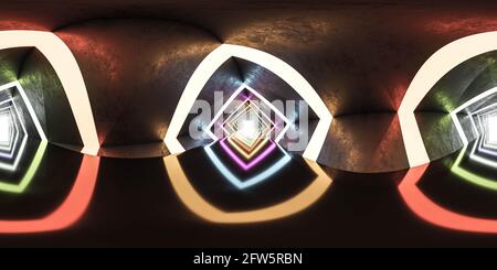 Volle 360 sphärische Panoramasicht des konzertanten Tunnels mit Kolorierung Neon-Beleuchtung 3d Rendering Illustration hdri hdr vr style Stockfoto