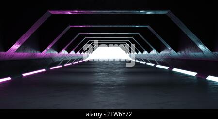 Dunkelschwarzer Tunnelgang mit Neonlicht, 3d-Rendering-Illustration Stockfoto