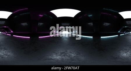 Vollständige 360 Grad sphärische Panoramaansicht der modernen futuristischen abstrakten Tunnel mit Neonbeleuchtung 3d-Renderdarstellung hdri hdr vr Stil Stockfoto