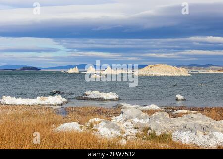 Kleine und große Inseln aus Tuffstein, einige davon fast wie ein Schneehaufen, am Mono Lake, Kalifornien Stockfoto