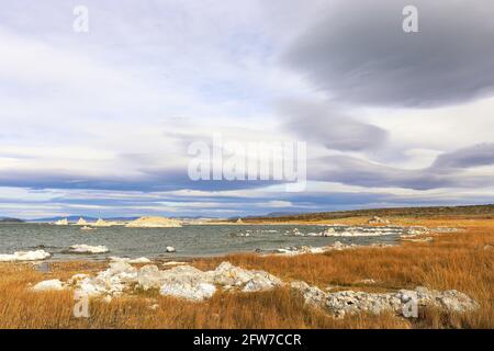 Kleine und große Inseln aus Tuffstein, einige davon fast wie ein Schneehaufen, am Mono Lake, Kalifornien Stockfoto