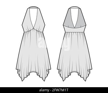 Kleid Taschentuch Saum Chemise technische Mode Illustration mit ärmellosen, Empire-Naht Nahtausschnitt, kreisförmigen Rock. Flatwear vorne, hinten, grau. Frauen, Männer Unisex-CAD-Modell Stock Vektor