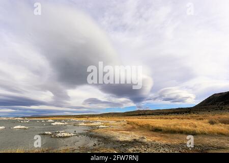 Kleine und große Inseln aus Tuffstein, einige davon fast wie ein Schneehaufen, am Mono Lake, Kalifornien Stockfoto