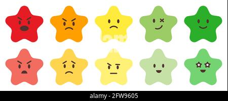 Bewertung bunte Cartoon Emotionen Sterne Vektor Web Ranking Sterne Zeichen. Sternvektorsymbole auf weißem Hintergrund. Produktbewertung des Kunden. Aufkleber und Etikett. Rot, orange, gelb, hell und dunkelgrün. Stock Vektor