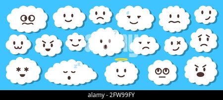 Weiße flache Vektorwolke mit Emoji. Wolken Cartoon-Symbole auf blauem Hintergrund mit Schatten für Website-Design, Logo, App. Infografik zur Bubble Icon Kollektion. Lustige Gesichter Etikett, Aufkleber Stock Vektor