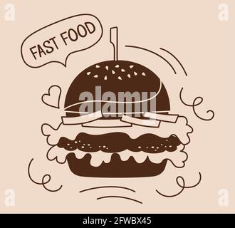 Fastfood Burger Takeaway vintage Cartoon-Set. Handgezeichnetes Glyphen-Hamburger-Symbol, Sprechblase des Zeichens. Hipster Card Menü leckeres Fast Food. Cheeseburger lecker ungesunde Mittagessen. Vektorgrafik Stock Vektor