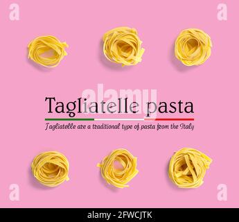 Italienische Pasta Tagliatelle. Rohe Pasta fettuccine Pop Art Hintergrund, flach legen. Italienische rohe Nistpasta isoliert auf rosa Stockfoto