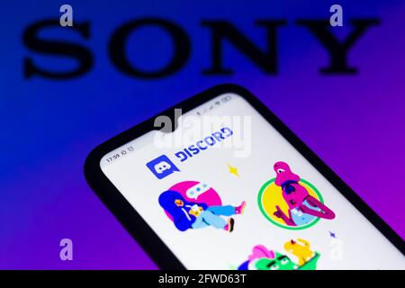 Brasilien. Mai 2021. In dieser Abbildung wird die Discord Logo-App auf einem Smartphone-Bildschirm mit dem Logo von Sony im Hintergrund angezeigt. Kredit: SOPA Images Limited/Alamy Live Nachrichten Stockfoto