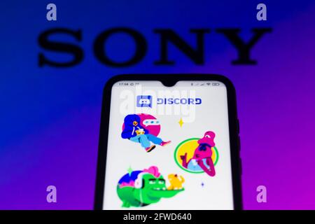 Brasilien. Mai 2021. In dieser Abbildung wird die Discord Logo-App auf einem Smartphone-Bildschirm mit dem Logo von Sony im Hintergrund angezeigt. Kredit: SOPA Images Limited/Alamy Live Nachrichten Stockfoto