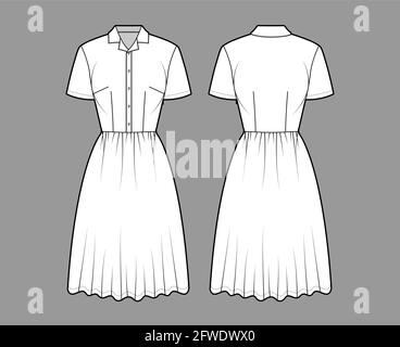 Kleid Haushemd technische Mode Illustration mit kurzen Ärmeln, knielangen Rock, klassischen henley Kragen. Flatwear vorne, hinten, in weißer Farbgebung. Frauen, Männer Unisex-CAD-Modell Stock Vektor