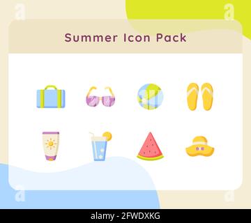 Sommer Icon Pack Kollektion weiß isoliert Hintergrund mit Farbe Cartoon Flache Vektorgrafik Stockfoto