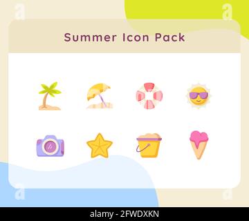 Sommer Icon Pack Kollektion weiß isoliert Hintergrund mit Farbe Cartoon Flache Vektorgrafik Stockfoto