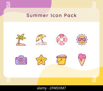 Sommer Icon Pack Kollektion weiß isoliert Hintergrund mit gefüllter Farbe Cartoon-Stil Vektor-Design Illustration Stockfoto