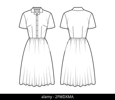 Kleid Haushemd technische Mode Illustration mit kurzen Ärmeln, knielangen Rock, klassischen henley Kragen. Flatwear vorne, hinten, in weißer Farbgebung. Frauen, Männer Unisex-CAD-Modell Stock Vektor