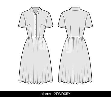 Kleid Haushemd technische Mode Illustration mit kurzen Ärmeln, knielangen Rock, klassischen henley Kragen. Flatwear vorne, hinten, grau. Frauen, Männer Unisex-CAD-Modell Stock Vektor