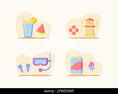 Sommerurlaub Set Collection Paket mit Farbe Cartoon flachen Stil vektorgrafik Stockfoto