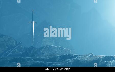 3d-Darstellung eines Schwertes im Stein mit einem surrealen Hintergrund. Stockfoto