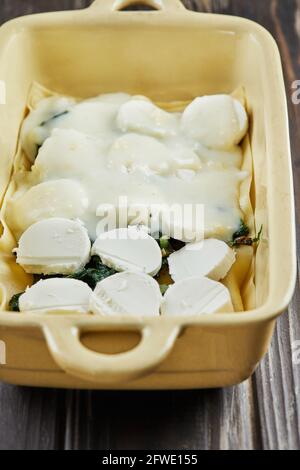 Form mit Ziegenkäse und Sauerampfer für die Herstellung von Lasagne, Schritt-für-Schritt-Rezept aus dem Internet. Stockfoto