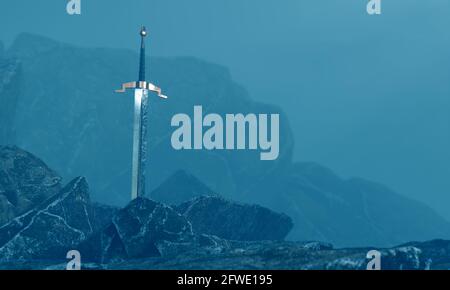 3d-Darstellung eines Schwertes im Stein mit einem surrealen Hintergrund. Stockfoto