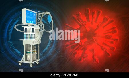cg Medicine 3D Illustration, ITS-Lungenventilator mit Covid Stockfoto