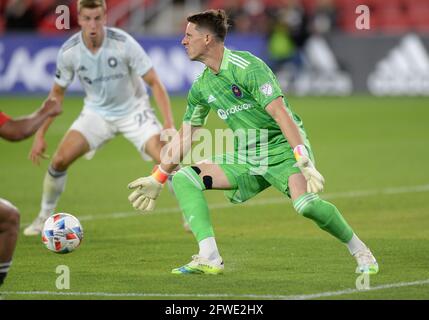 Washington, DC, USA. Mai 2021. 20210513 - Chicago Fire FC-Torwart BOBBY SHUTTLEWORTH (1) erreicht in der zweiten Halbzeit im Audi-Feld in Washington einen D.C. United-Pass in der Torbox. Quelle: Chuck Myers/ZUMA Wire/Alamy Live News Stockfoto