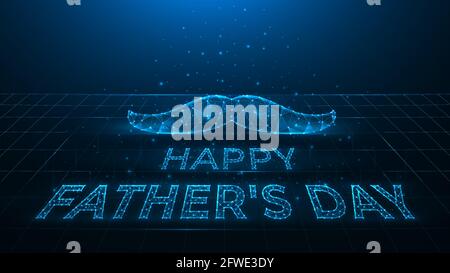 Happy Father's Day polygonale Vektorgrafik auf dunkelblauem Hintergrund, Schnurrbart und Schriftzug aus Punkten und Linien. Ein Weihnachtsbanner, eine Vorlage, Stock Vektor