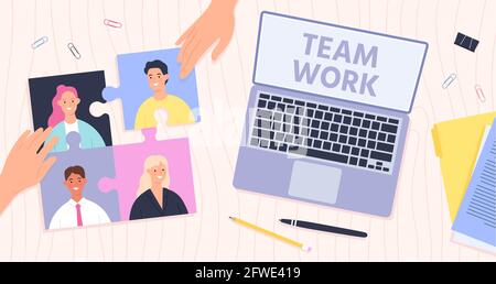 Teamwork-Management. Leader Connect Mitarbeiter für effektive Teamarbeit. Büroschreibtisch Draufsicht, Hände und Puzzle mit Arbeitern, Vektorkonzept Stock Vektor