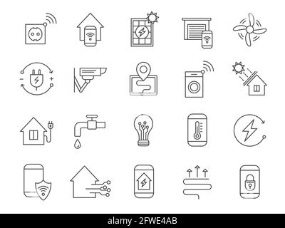 Smart House-Systemsymbole. Heimnetzwerk, WiFi-Automatisierung Internet-Technologie für Sicherheit, Licht, Thermostat und Strom, Vektor-Set Stock Vektor