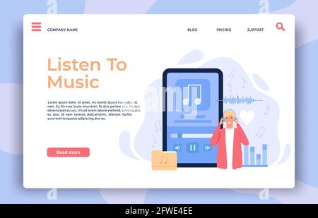 Landing Page für Musikanwendungen. Mann mit Kopfhörern hören Wiedergabeliste, Songs oder Radio Podcast auf Handy, Online-Audio-Player Vektor-Konzept Stock Vektor