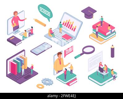 Isometrische Online-Bildung. Virtueller Unterricht mit Schülern, Büchern und Lehrern auf dem Telefonbildschirm. 3D-Vektorset für Fernschulunterricht von zu Hause aus Stock Vektor