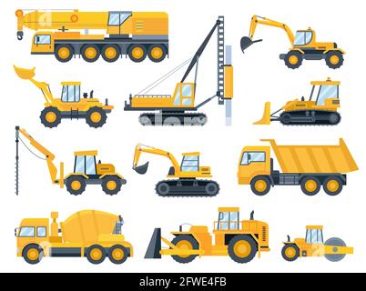 Baumaschinen. Schwere Maschinen für bauen, Bagger, Bulldozer, LKW, Traktor und Kranfahrzeug. Gebäudeausrüstung flacher Vektor-Satz Stock Vektor
