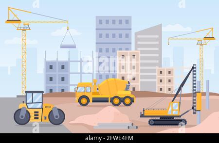 Baustelle. Landschaft des Bauprozesses mit Kran, Bulldozer, Bagger und Betonmischer Maschine. City Build Flat Vector Konzept Stock Vektor