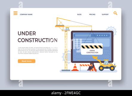 Website wird gerade gebaut. Landing Page der Entwicklungsstelle mit Kran, Bulldozer und Barriere. Vektorvorlage für den Arbeitsprozess auf einer Webseite erstellen Stock Vektor