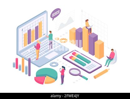 Isometrische Geschäftsanalyse. Die Menschen arbeiten mit Datendiagrammen, Statistikdiagrammen und Metriken auf dem Computerbildschirm. Vektorkonzept Finanzanalyse Stock Vektor